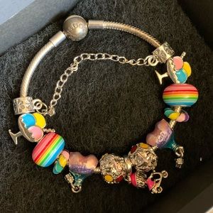 Pandora Snake Chain Bracelet w/ Multicolored Rainbow Colorful Theme Charms